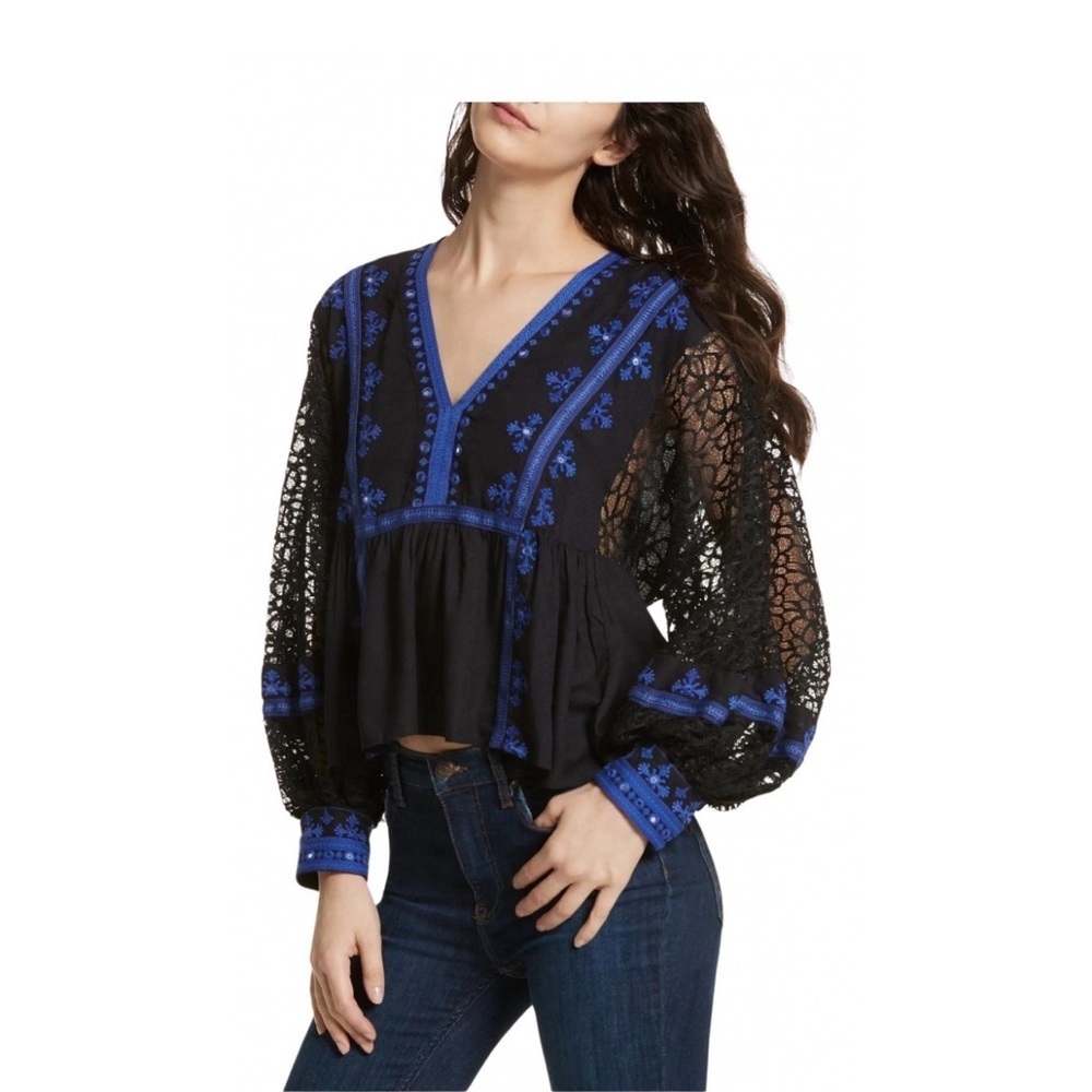 Free People Boogie All Night Peasant Blouse In Black Size Small